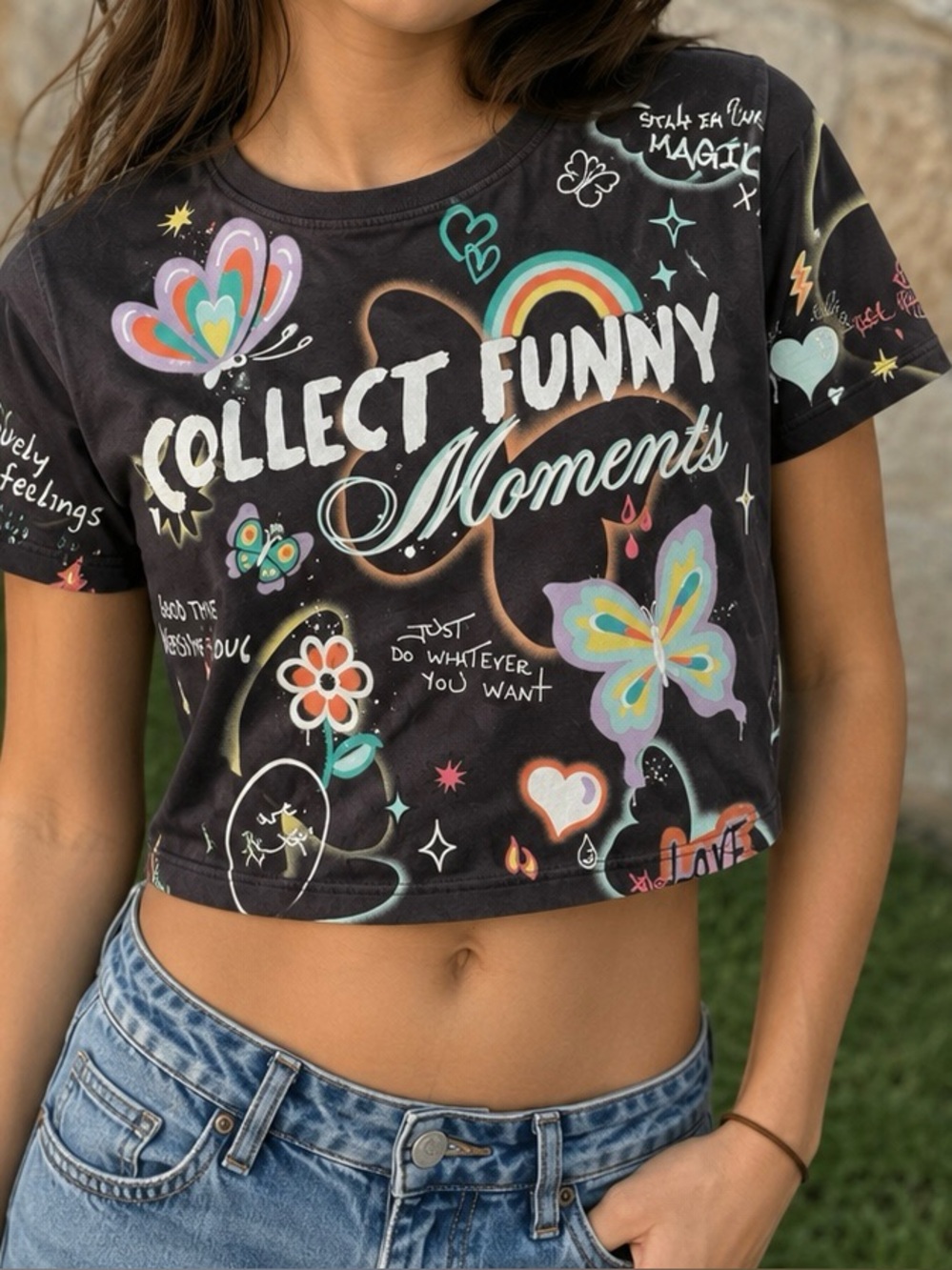 Zara Butterfly Crop Artsy Graphic T-Shirt